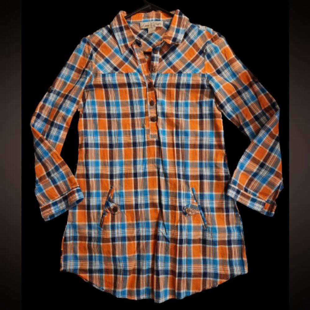 Love Notes Orange Plaid Shirt with Pockets Women Size Medium